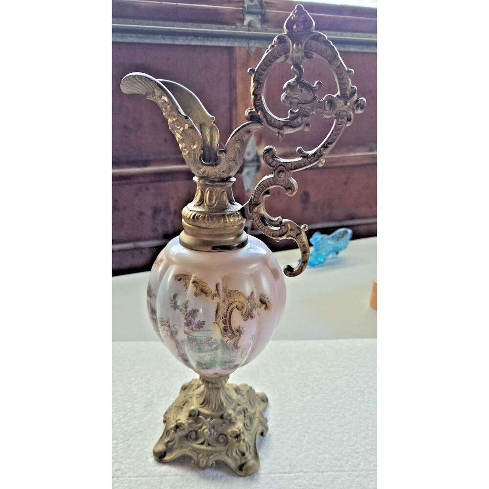 Antique Wave Crest Mantel Ewer Metal Pink Opaline Glass Painted Cherub Design